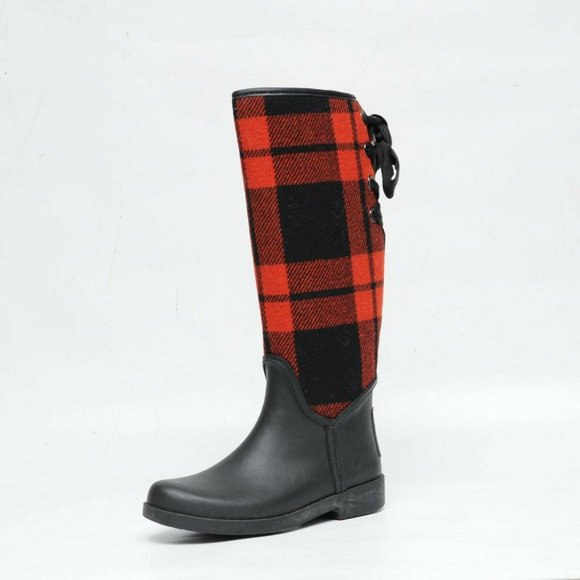 Coach Tristee Rain Boots Red Black Buffalo Plaid Tartan Womens 6B Lace Up Rubber - Picture 5 of 9